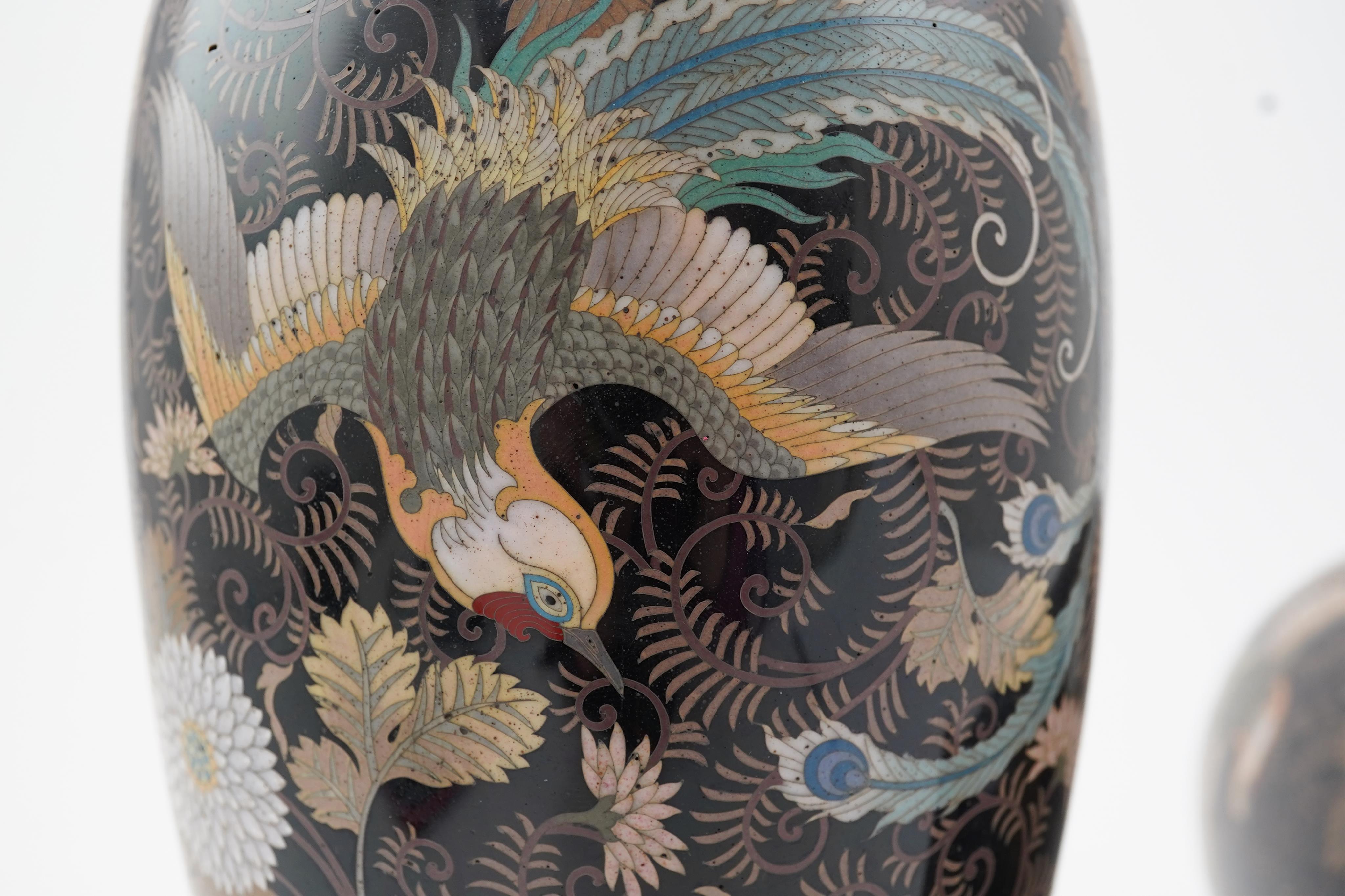 A pair of Japanese cloisonné enamel ‘phoenix’ vases, by Gonda Hirosuke I, Meiji period